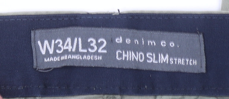 denim co. Men's Green Chino Slim Stretch Trousers W34 L32