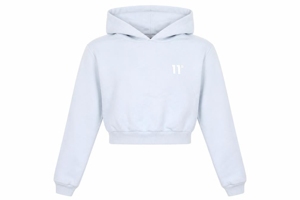 Front view of 11 Degrees women’s blue cropped pullover hoodie uk 6 cotton blend