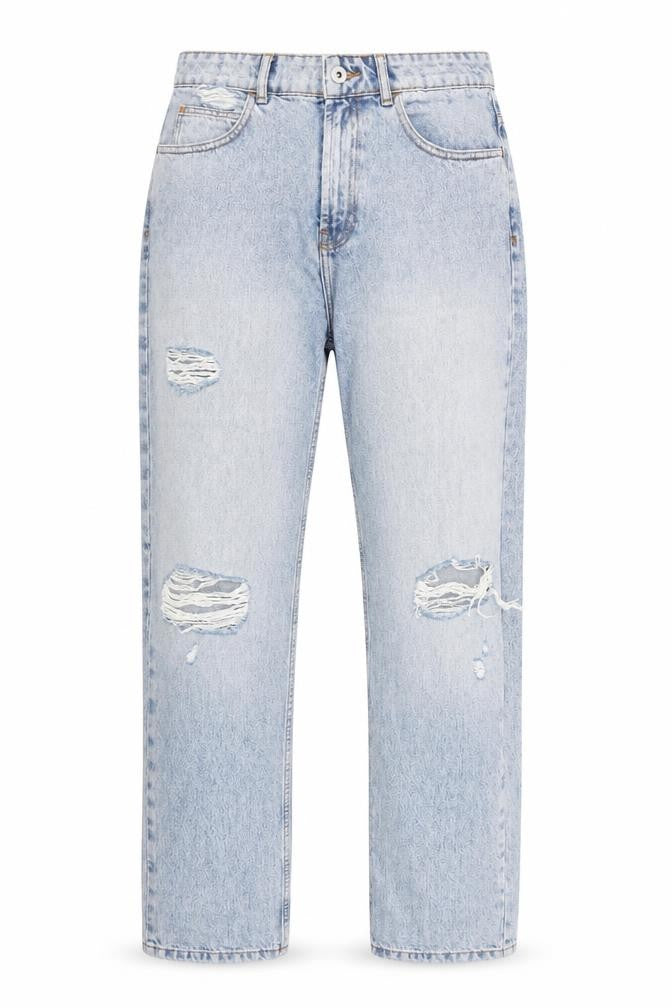 Front view of Collusion Women's Blue Distressed Mom Jeans Size W30 Relaxed Fit