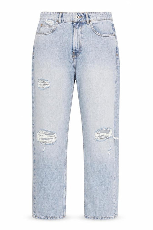 Front view of Collusion Women's Blue Distressed Mom Jeans Size W30 Relaxed Fit
