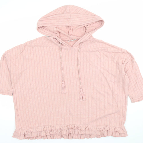 River Island Women Pink Ribbed Short Sleeve Pullover Hoodie Size S