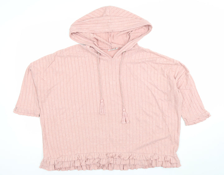 River Island Women Pink Ribbed Short Sleeve Pullover Hoodie Size S
