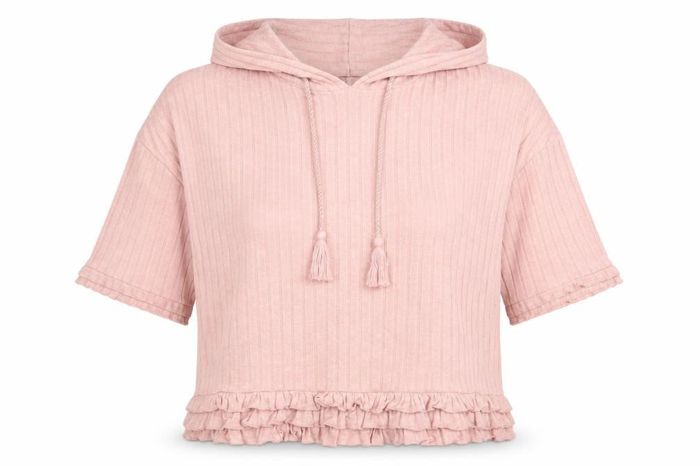 Front view of River Island Women Pink Ribbed Short Sleeve Pullover Hoodie, size S