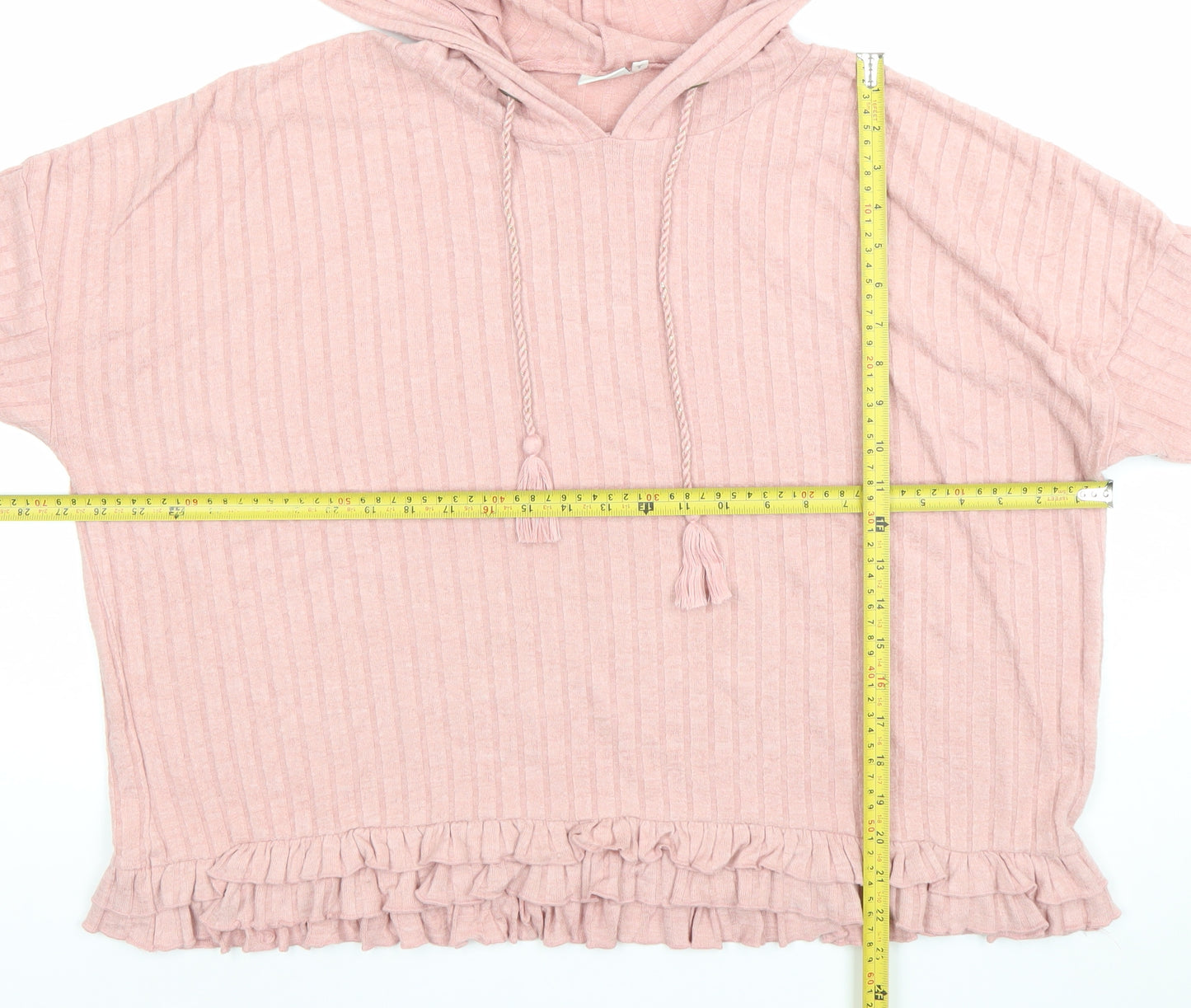 River Island Women Pink Ribbed Short Sleeve Pullover Hoodie Size S