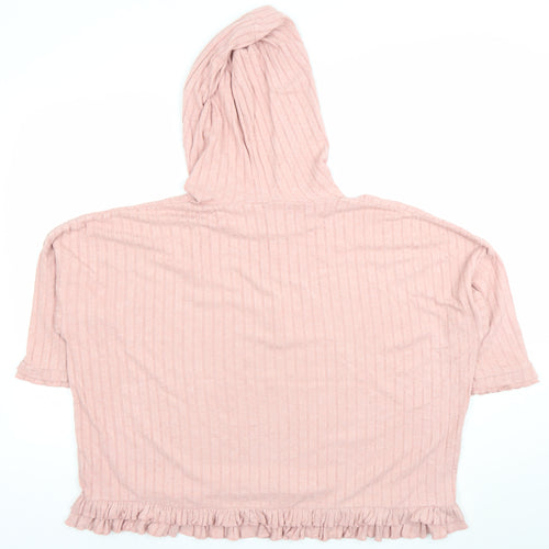 River Island Women Pink Ribbed Short Sleeve Pullover Hoodie Size S