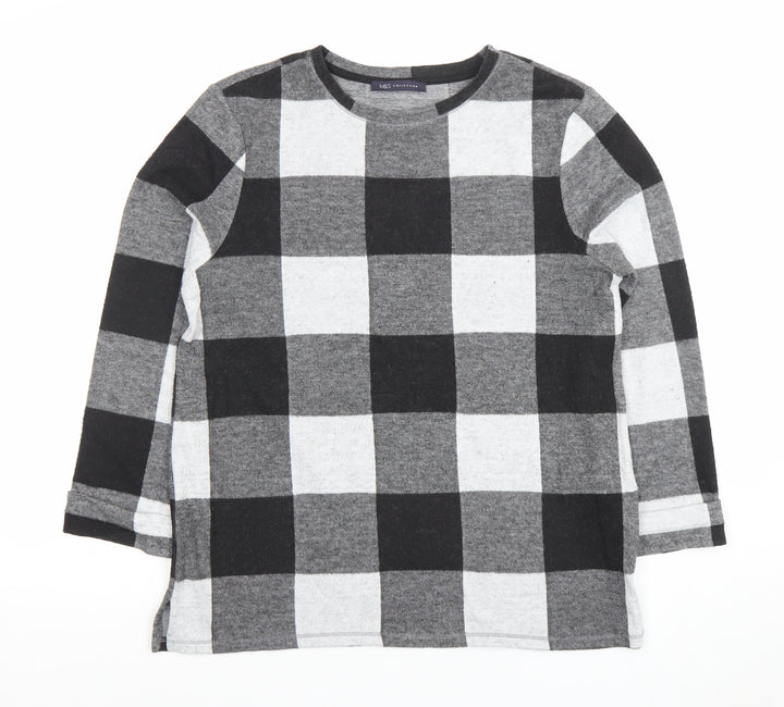 Marks and Spencer Women's Black Check Long Sleeve Jersey Top UK 12