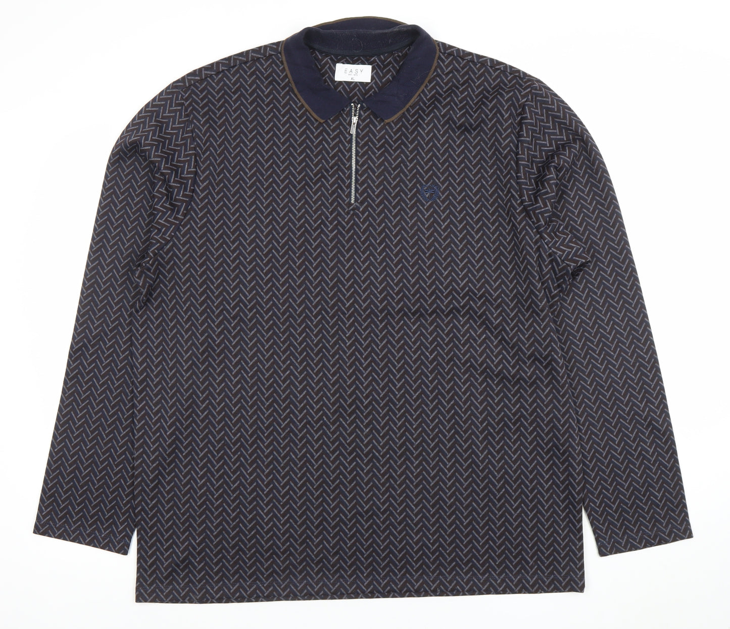 Easy Mens Blue Geometric Long Sleeve 1/4 Zip Polo Shirt XL