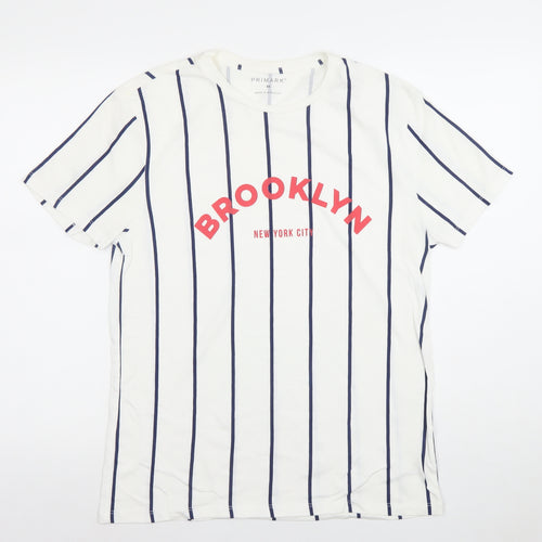 Primark Men's White Striped Brooklyn Graphic T-Shirt M