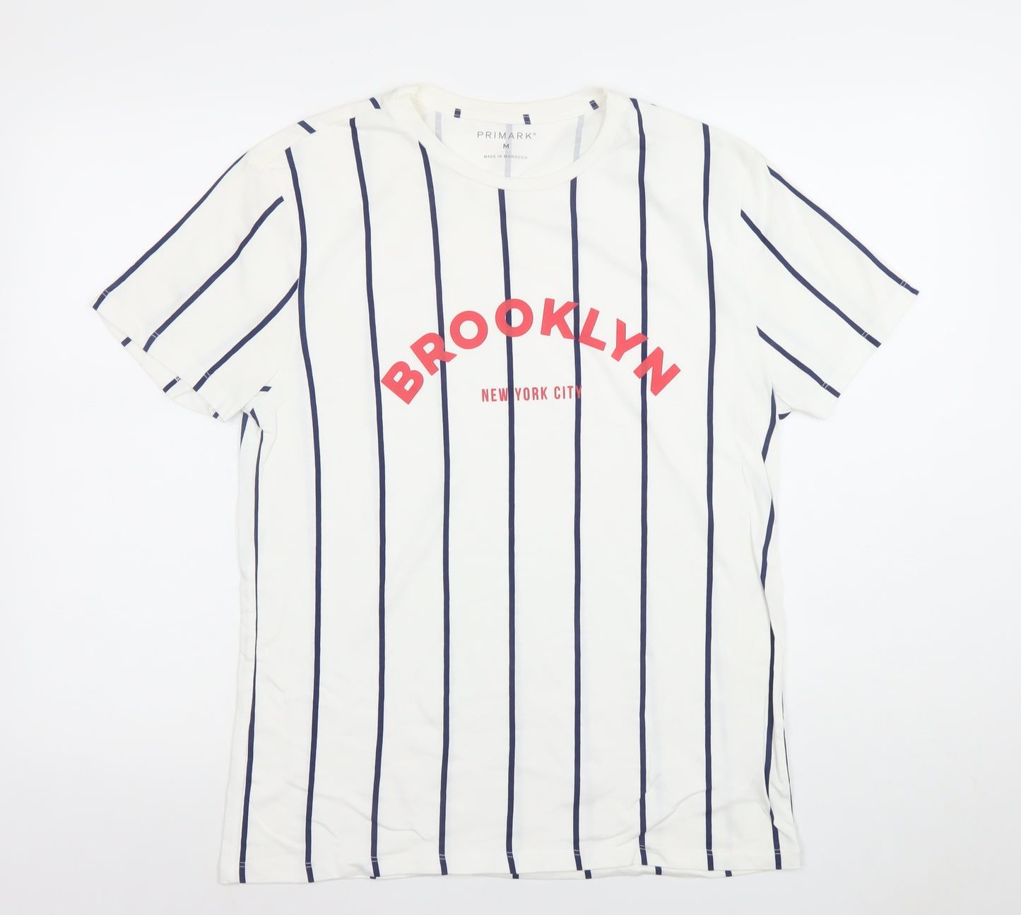 Primark Men's White Striped Brooklyn Graphic T-Shirt M