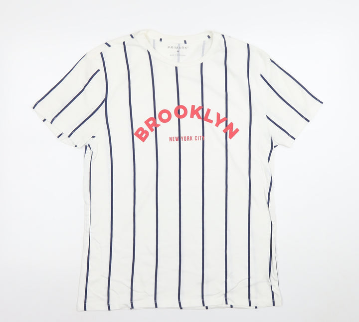 Primark Men's White Striped Brooklyn Graphic T-Shirt M