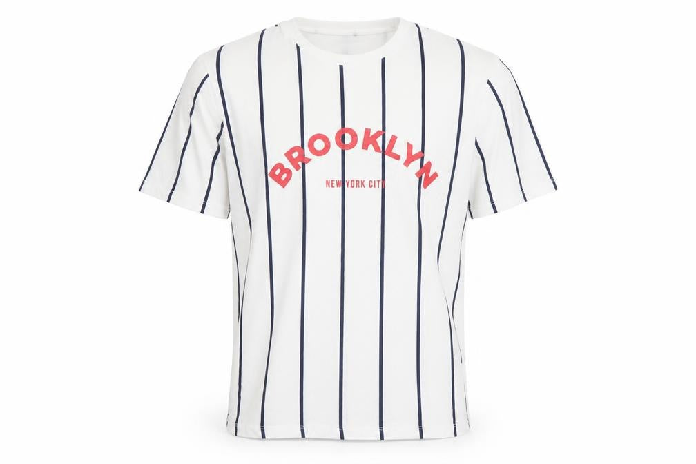 Front view of Primark Men's White Striped Brooklyn Graphic T-Shirt M