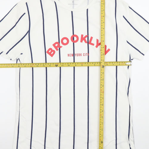 Primark Men's White Striped Brooklyn Graphic T-Shirt M