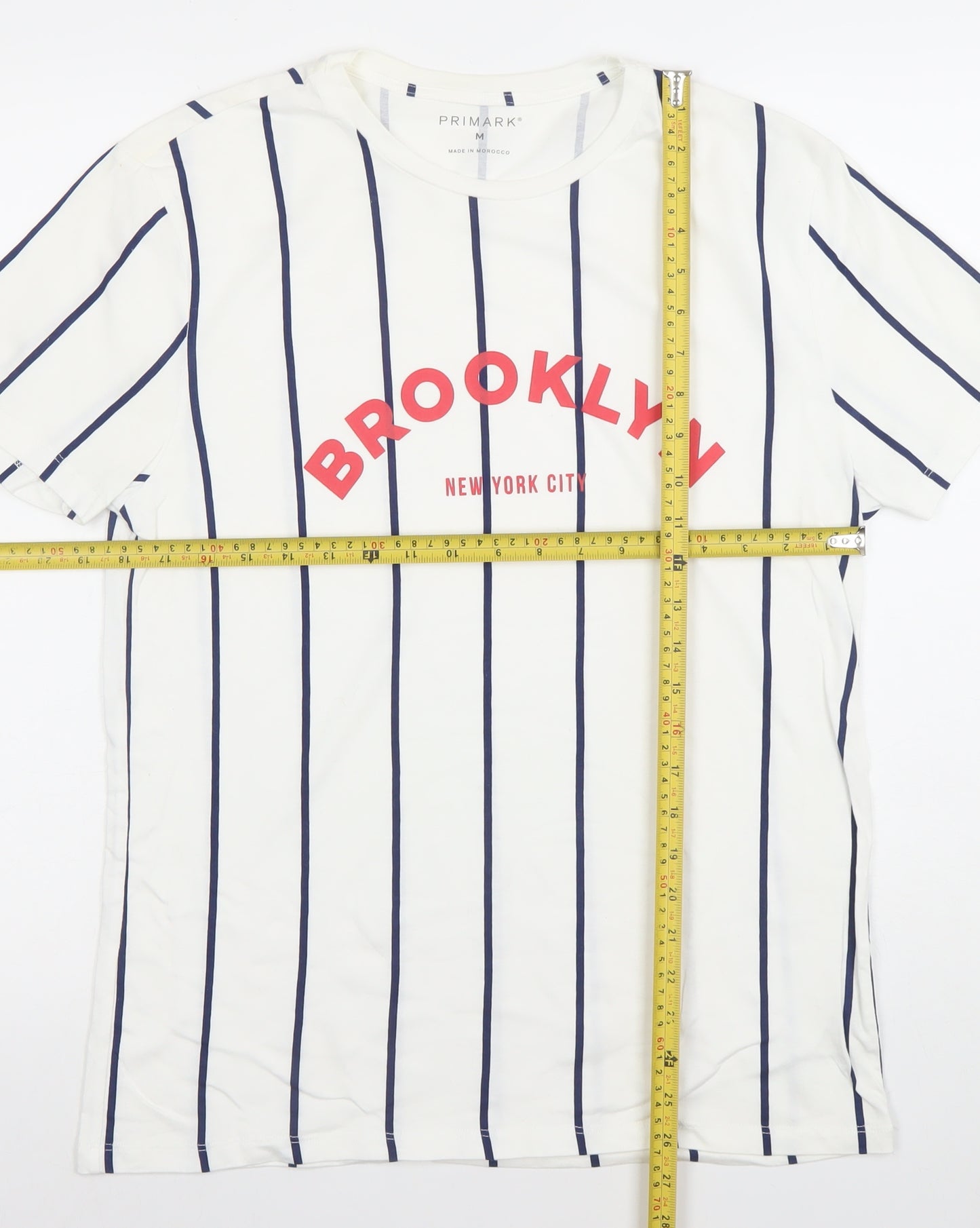 Primark Men's White Striped Brooklyn Graphic T-Shirt M