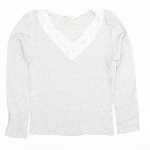 Rowland's Womens Grey Lace Trim V-Neck Cotton Long Sleeve Blouse XL