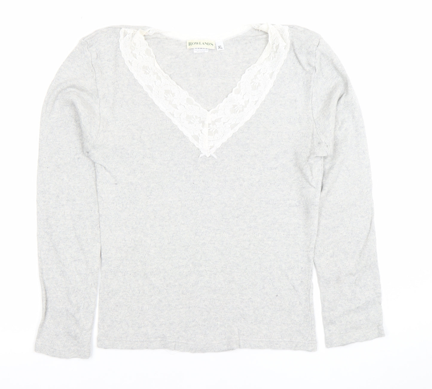 Rowland's Womens Grey Lace Trim V-Neck Cotton Long Sleeve Blouse XL