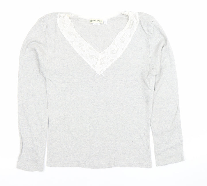 Rowland's Womens Grey Lace Trim V-Neck Cotton Long Sleeve Blouse XL
