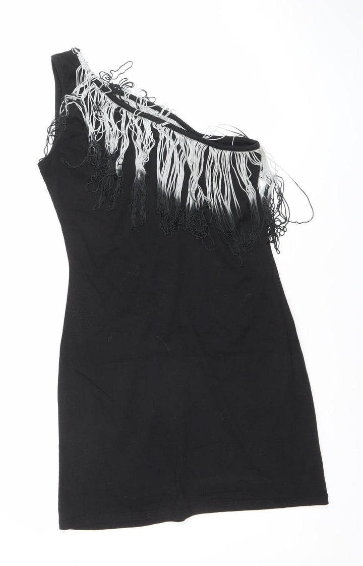 Lipsy Women’s Black Size 12 One Shoulder Fringe Bodycon Party Dress