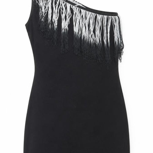 Lipsy Women’s Black Size 12 One Shoulder Fringe Bodycon Party Dress