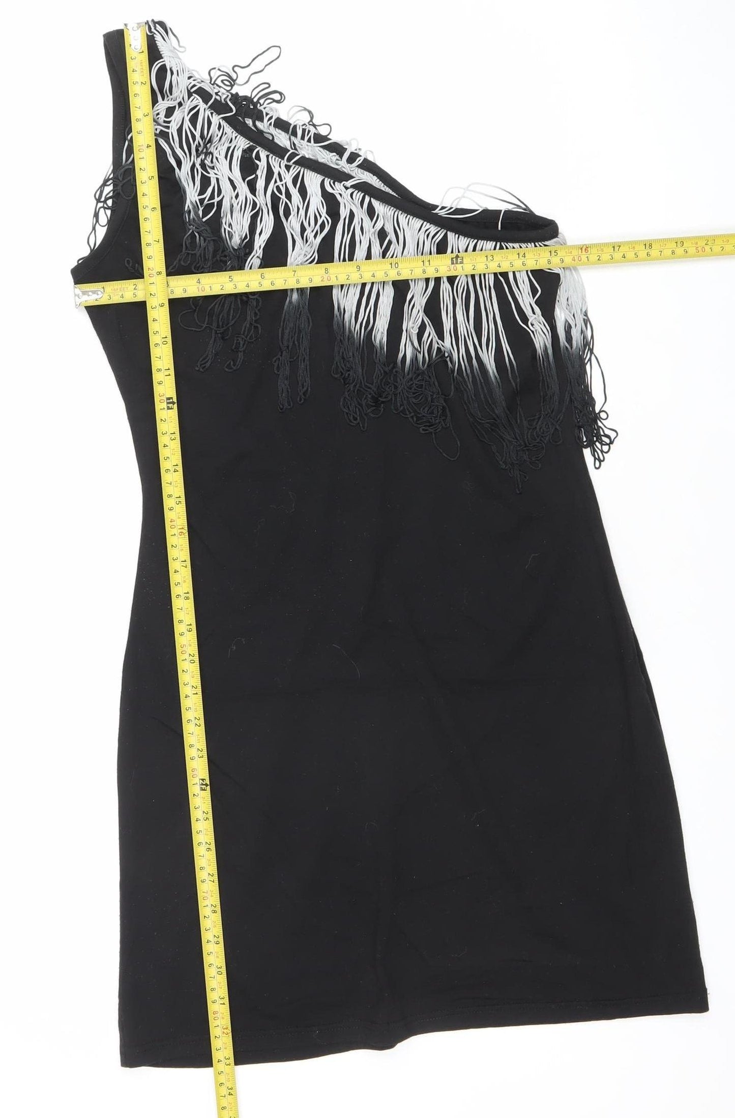 Lipsy Women’s Black Size 12 One Shoulder Fringe Bodycon Party Dress