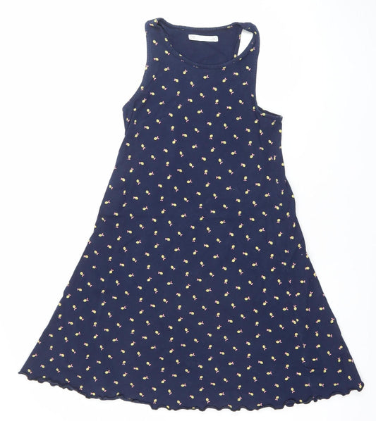 Marks and Spencer Girls Blue Floral Tank Dress 10-11 Years Cotton Stretch