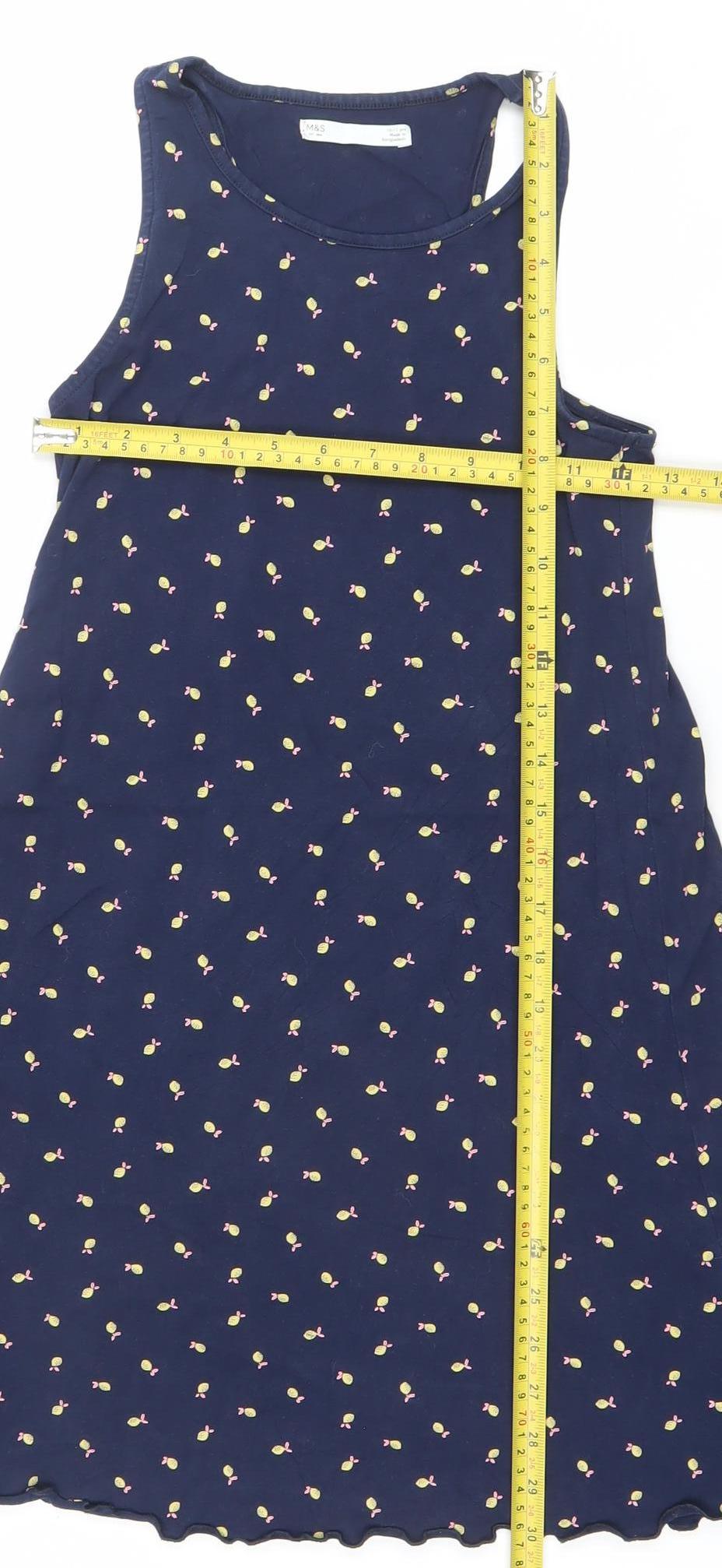 Marks and Spencer Girls Blue Floral Tank Dress 10-11 Years Cotton Stretch
