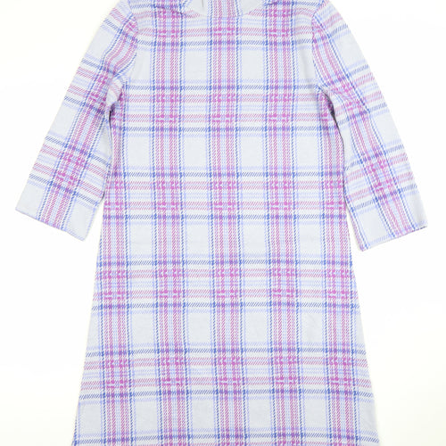 Kettlewell Women’s Purple Check Shift Dress M 3/4 Sleeve Cotton Stretch