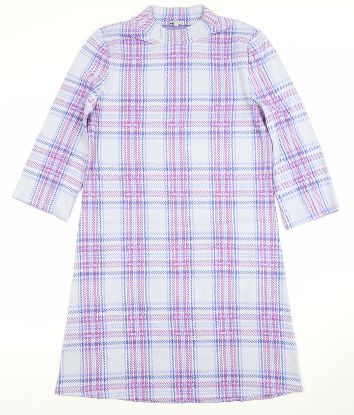 Kettlewell Women’s Purple Check Shift Dress M 3/4 Sleeve Cotton Stretch