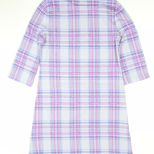 Kettlewell Women’s Purple Check Shift Dress M 3/4 Sleeve Cotton Stretch