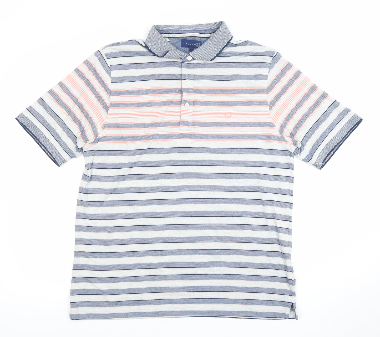 Lincoln Men's Blue Pink Striped Polo Shirt Size L Cotton Blend