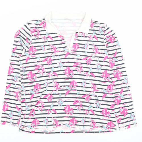 Damart Women's Multicoloured Floral Striped Cotton Polo Top M
