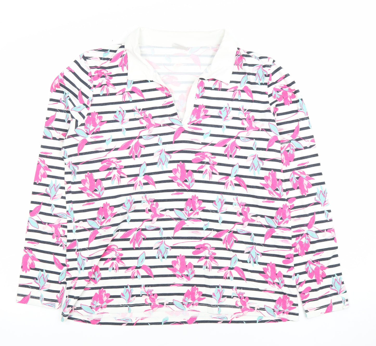 Damart Women's Multicoloured Floral Striped Cotton Polo Top M