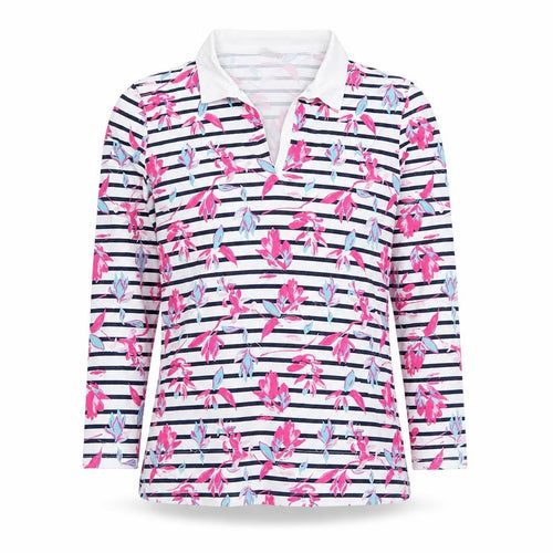 Damart Women's Multicoloured Floral Striped Cotton Polo Top M