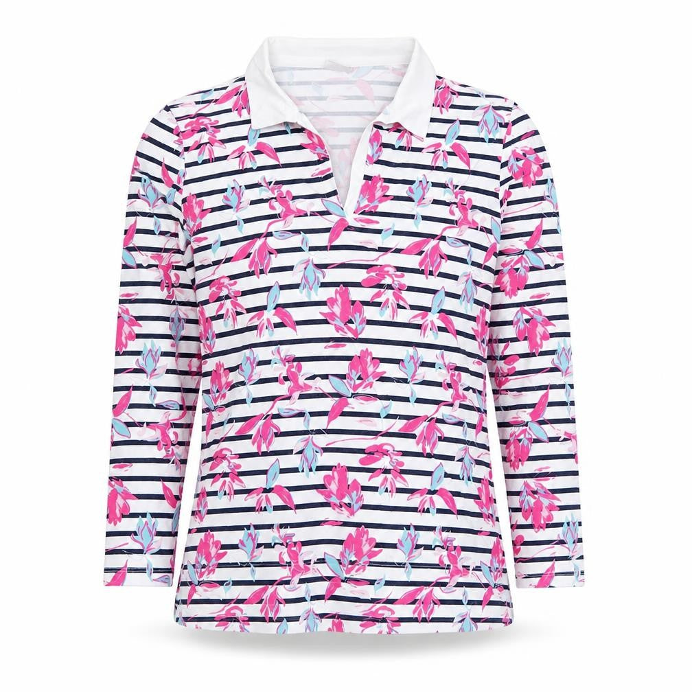 Damart Women's Multicoloured Floral Striped Cotton Polo Top M