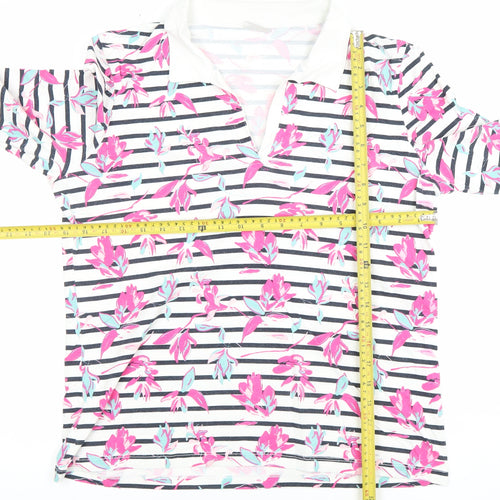 Damart Women's Multicoloured Floral Striped Cotton Polo Top M