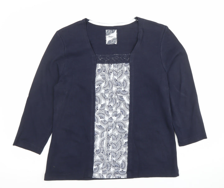 Dash Womens Blue Floral Panel 3/4 Sleeve Tunic Blouse Size 14