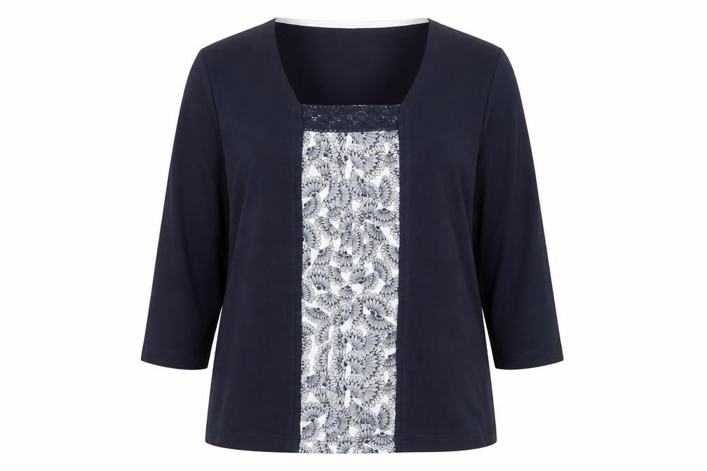 Front view of Dash women’s blue floral panel 3/4 sleeve tunic blouse, size UK 14