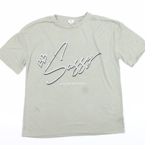 River Island Girls Green Glitter Logo T-Shirt 9-10 Years Regular Fit