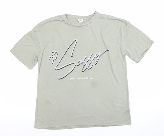 River Island Girls Green Glitter Logo T-Shirt 9-10 Years Regular Fit