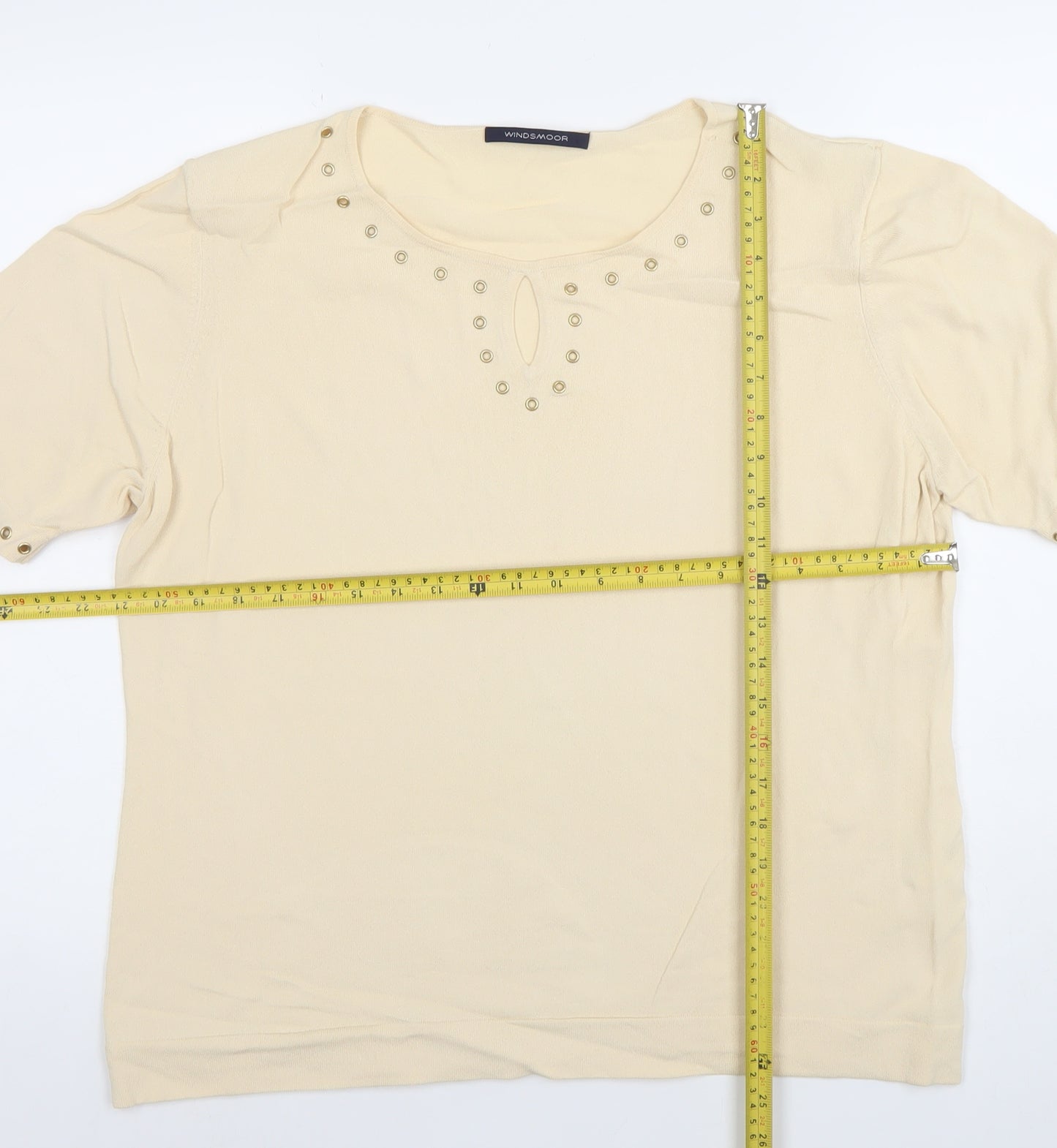 Windsmoor Women Beige Short Sleeve Button Detail Knit Top Size L