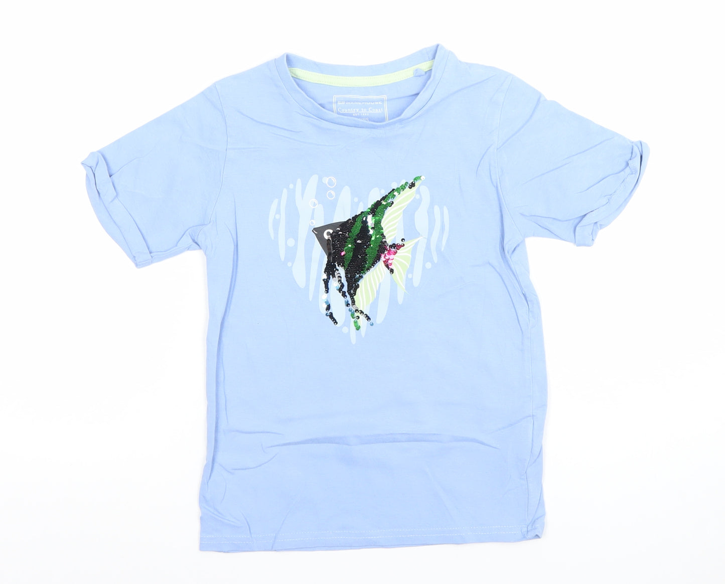 Mountain Warehouse Girls Blue Sequin Fish T-Shirt 7-8 Years Cotton