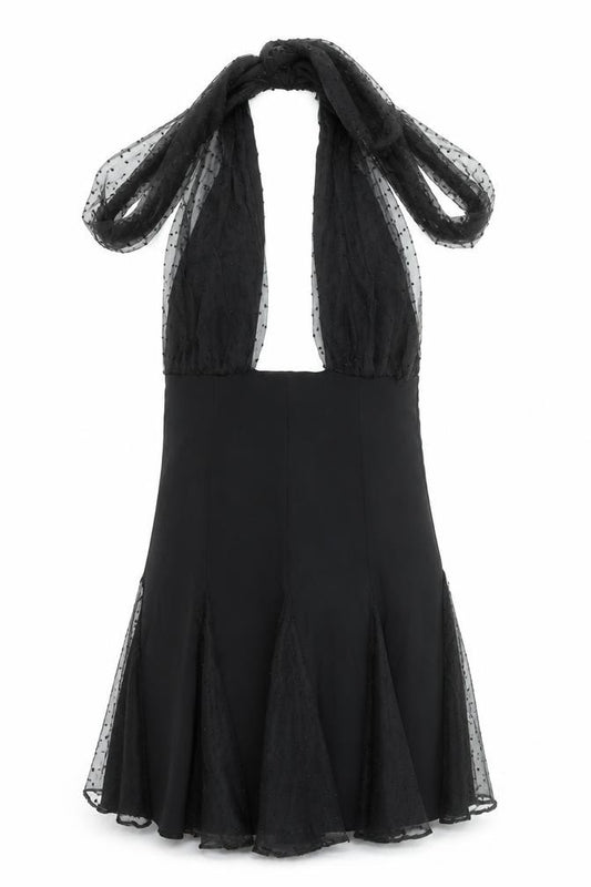 Front view of ASOS women’s black fit & flare halter short party dress, size UK 14