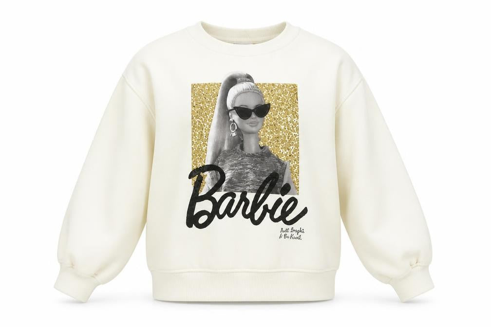 Front view of Zara girls’ ivory barbie glitter graphic pullover sweatshirt 8-9 years