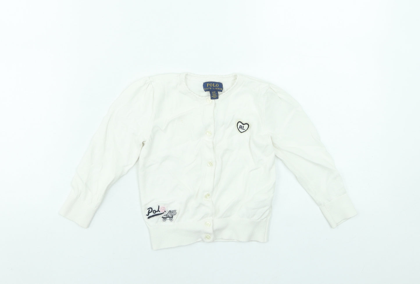 Polo Ralph Lauren Girls Ivory Cotton Cardigan 3 Years Button Front RL Heart Logo