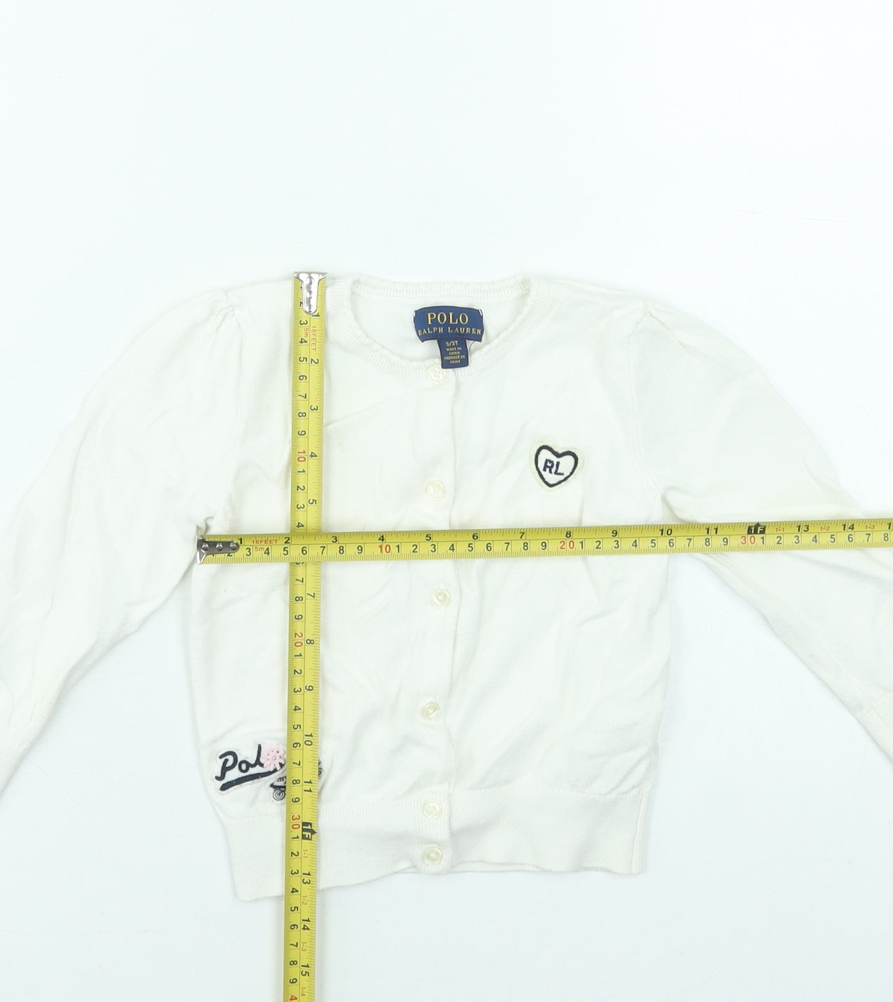 Polo Ralph Lauren Girls Ivory Cotton Cardigan 3 Years Button Front RL Heart Logo