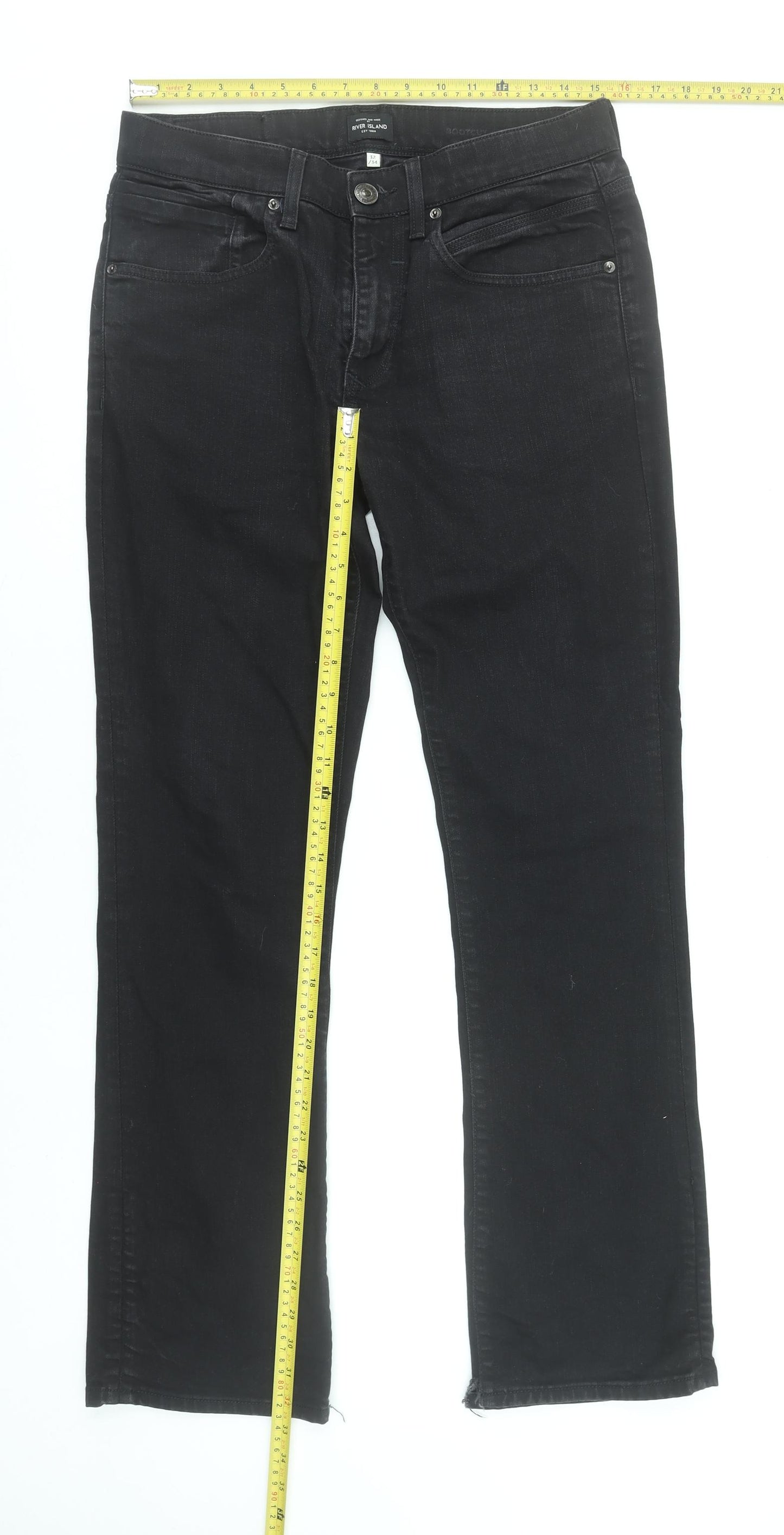 River Island Mens Black Denim Straight Jeans UK 32L Cotton Blend