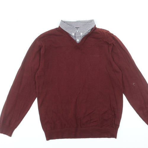 Pierre Cardin Men Red V-Neck Cotton Pullover Jumper Size L