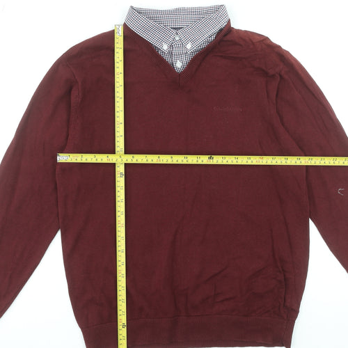 Pierre Cardin Men Red V-Neck Cotton Pullover Jumper Size L