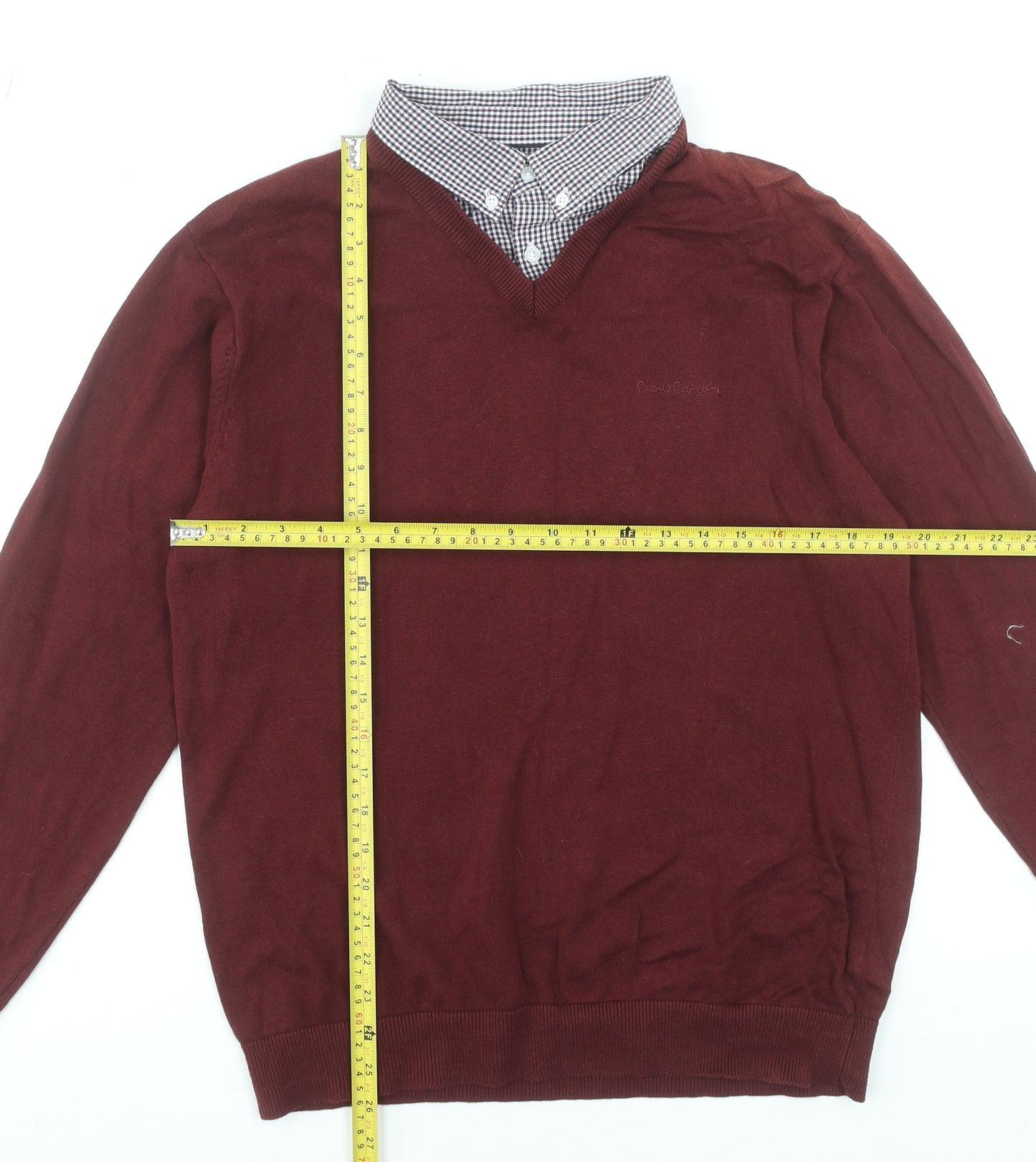 Pierre Cardin Men Red V-Neck Cotton Pullover Jumper Size L