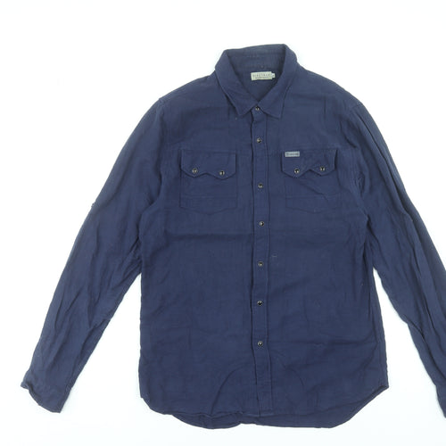 Firetrap Men Blue Cotton Long Sleeve Button-Up Shirt L