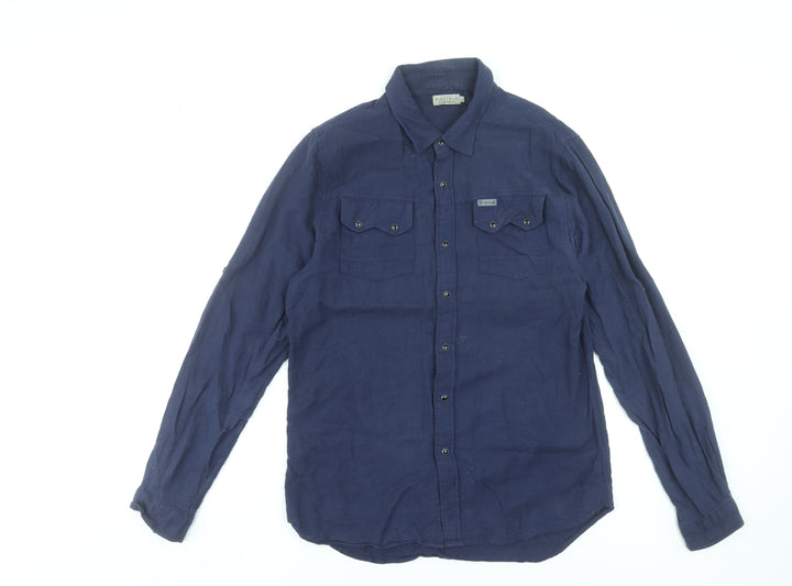 Firetrap Men Blue Cotton Long Sleeve Button-Up Shirt L